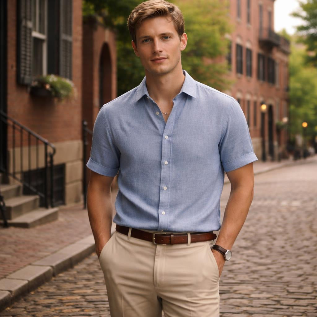 Bella Boston – Denim Blue Summer Linen Button-Down Shirt